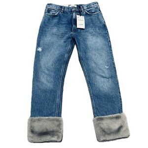 👖🖤 ZARA Woman Faux Fur Cuff Distressed Jeans | NWT 100% Cotton Women’s Size 4